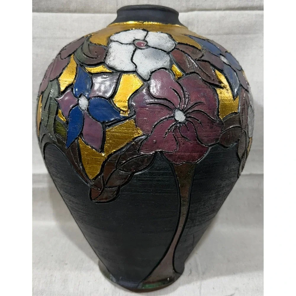 Vintage Studio Art Pottery Floral Vase Gold Leaf Textured Black Clay 12 Inch